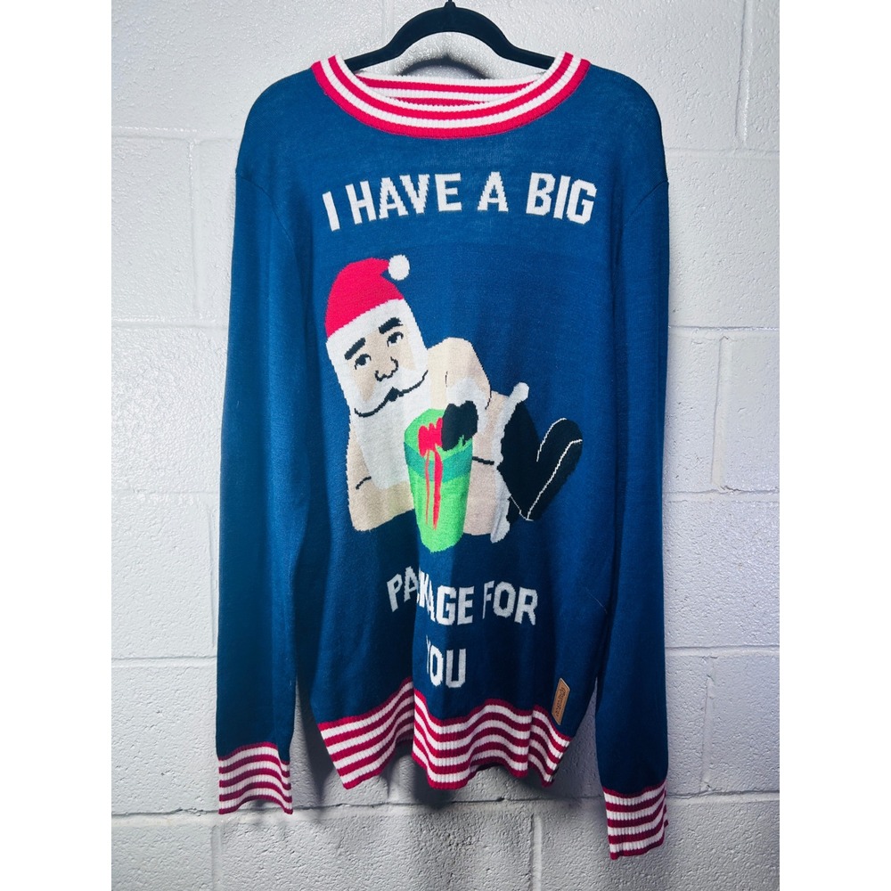Tipsy Elves Ugly Christmas Sweater‎ Men XL Blue Excellent Funny Santa Graphic